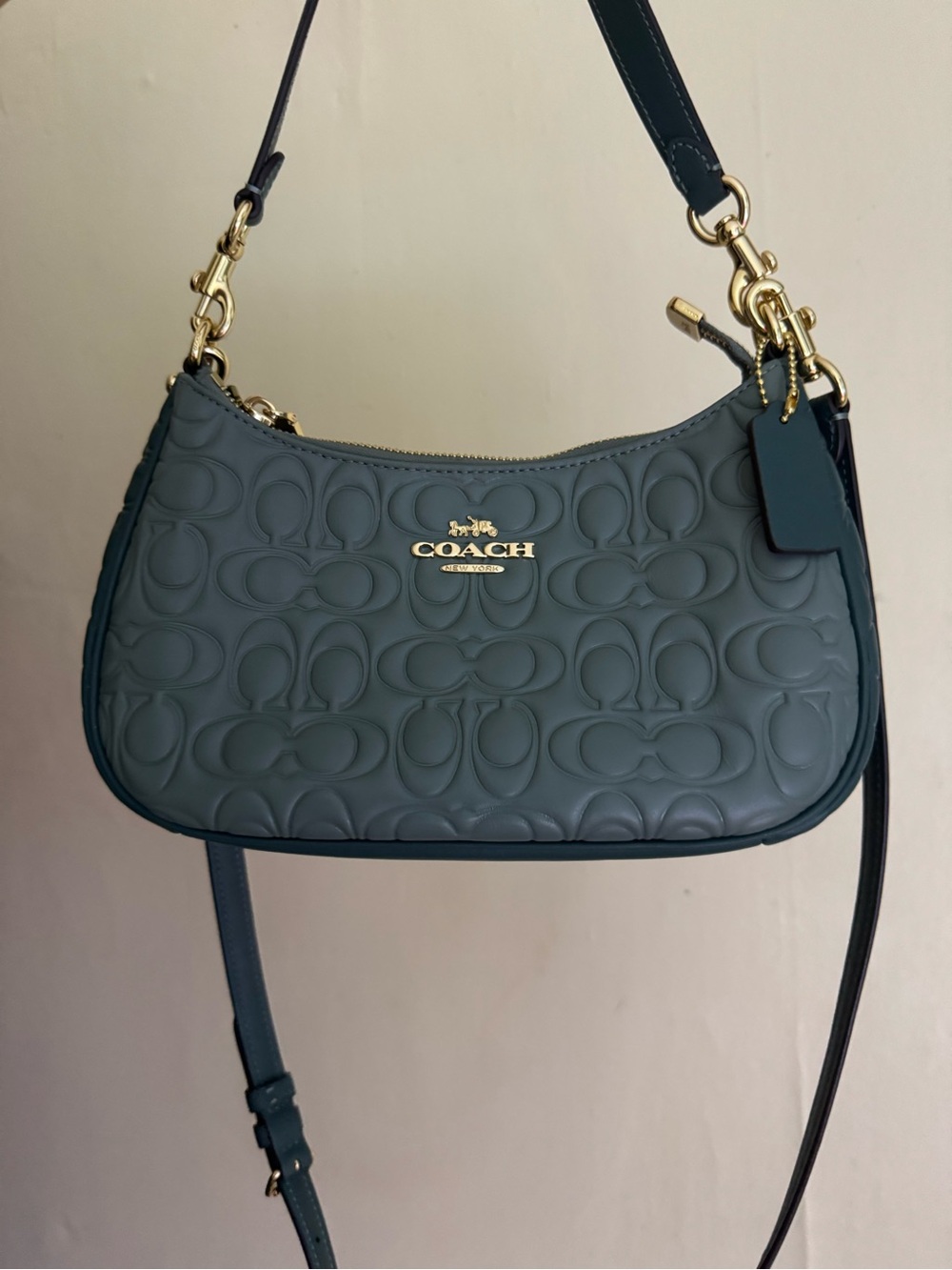 Coach Teri Signature blocked leather shoulder bag in sage/dark turquoise